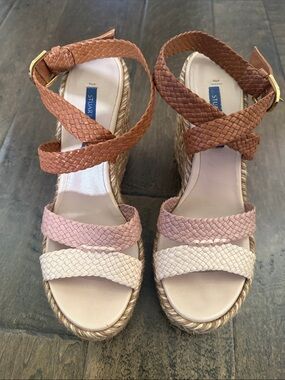 Stuart Weitzman Braided Espadrille Wedge Sandals in combo beige colors